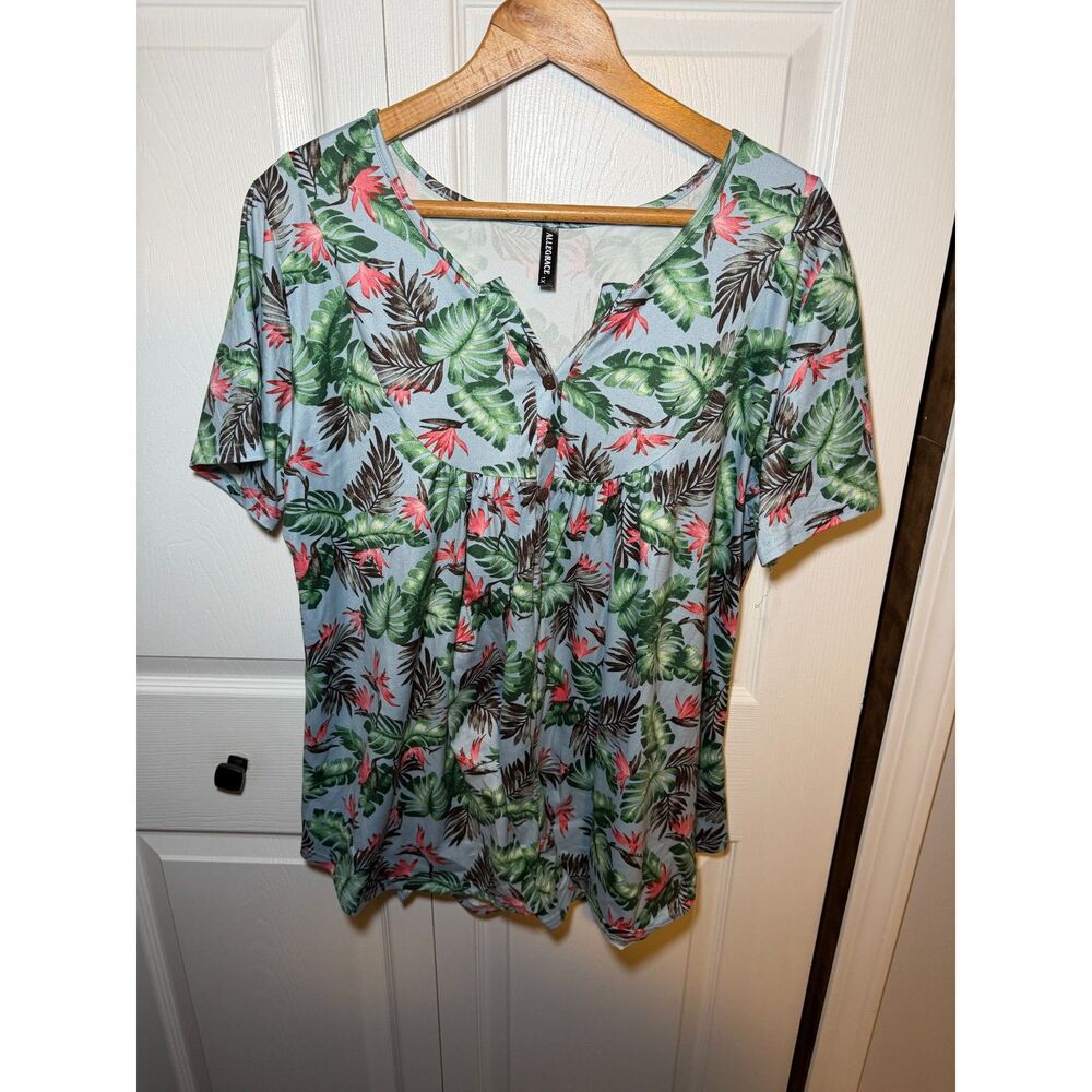Allegrace 1X Tropical Leaf Print Babydoll Top Blue Green Short Sleeve